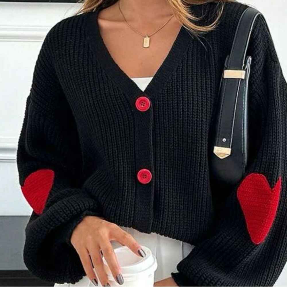 Chic Black Cardigan with Red Heart Accents